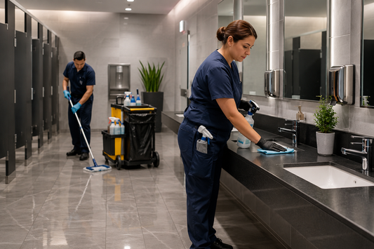Commercial janitorial team cleaning a modern high-traffic restroom facility in Atlanta during facility readiness preparation for large public events