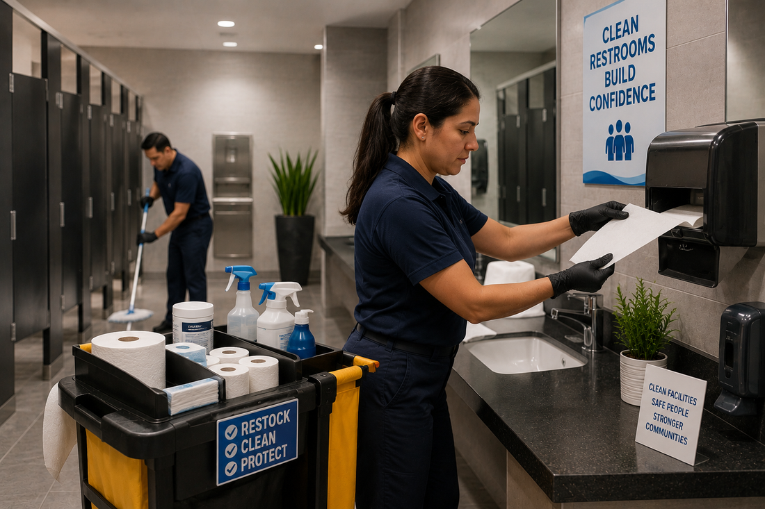 Commercial janitorial staff restocking restroom supplies and cleaning high-traffic restroom facilities in Atlanta