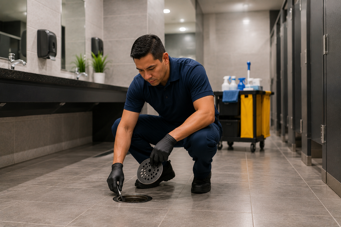 Commercial day porter cleaning high-touch surfaces inside a modern Atlanta office facility during daytime maintenance operations