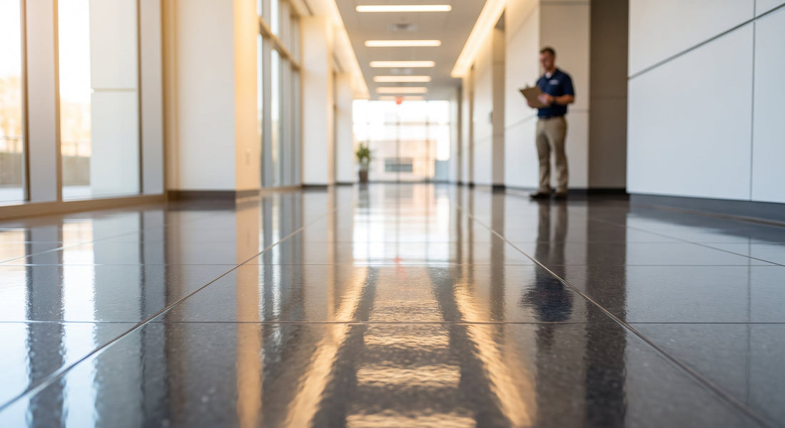 High-gloss freshly stripped and waxed VCT flooring reflecting bright overhead light in a modern commercial facility hallway