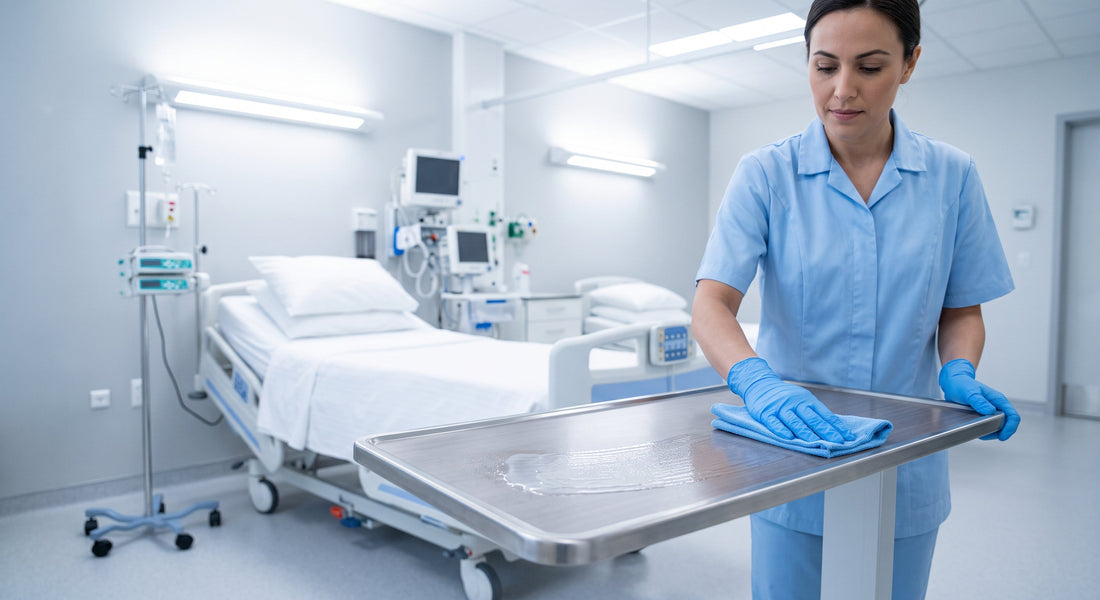 A medical cleaning professional wearing blue gloves wipes a hospital tray table with a microfiber cloth, leaving a visibly wet trail of disinfectant to ensure proper dwell time.