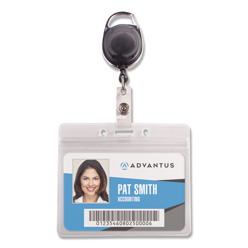 Resealable Id Badge Holders With 30" Cord Reel, Horizontal, Frosted 4.13" X 3.75" Holder, 3.75" X 2.63" Insert, 10/pack