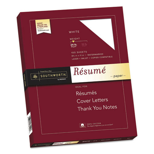 100% Cotton Resume Paper, 95 Bright, 24 Lb Bond Weight, 8.5 X 11, White, 100/pack