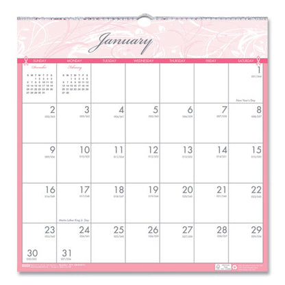 Recycled Monthly Wall Calendar, Breast Cancer Awareness Artwork, 12 X 12, White/pink/gray Sheets, 12-month (jan-dec): 2024