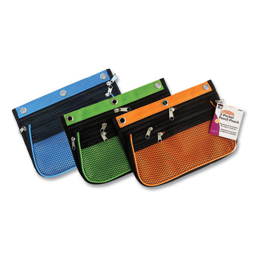 Three-pocket Binder-insertable Expandable Pencil Pouch, 10.25 X 7.5, Assorted Colors, 3/pack