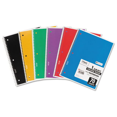 Spiral Notebook, 3-hole Punched, 1-subject, Medium/college Rule, Randomly Assorted Cover Color, (70) 10.5 X 7.5 Sheets