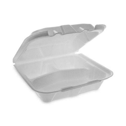 Vented Foam Hinged Lid Container, Dual Tab Lock Economy, 3-compartment, 8.42 X 8.15 X 3, White, 150/carton