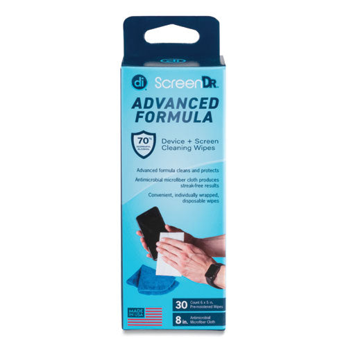 Screendr Device And Screen Cleaning Wipes, Includes 30 Individually Wrapped Wipes And 8" Microfiber Cloth, 6 X 5, White