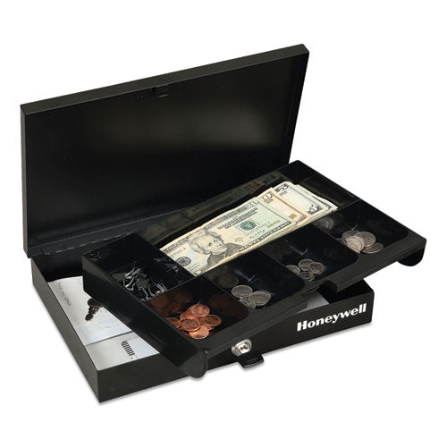 Low Profile Cash Box,1 Bill, 5 Coin Slots, Key Lock, 11.6 X 8 X 1.9, Steel, Black