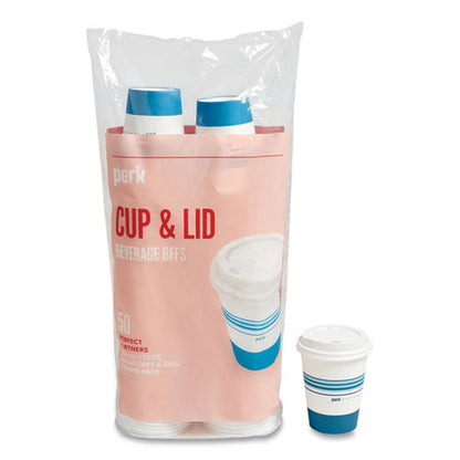 Paper Hot Cup And Plastic Dome Lid Combo, 12 Oz, White/blue, 50 Sets/pack