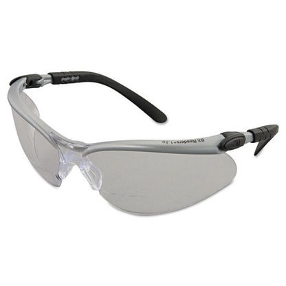 Bx Molded-in Diopter Safety Glasses, 1.5+ Diopter Strength, Silver/black Frame, Clear Lens, 20/box
