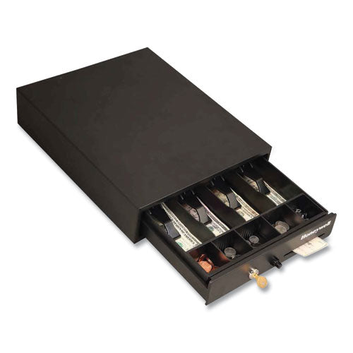 Space-saving Steel Cash Drawer, 4 Bill, 5 Coin Slots, Key Lock, 17 X 13 X 4, Black