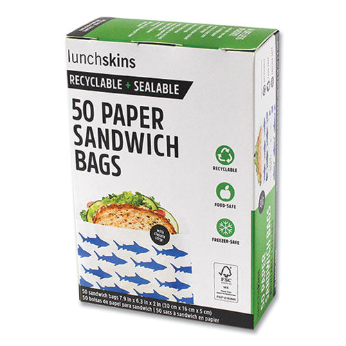 Peel And Seal Sandwich Bag With Closure Strip, 6.3 X 2 X 7.9, White With Blue Shark, 50/box