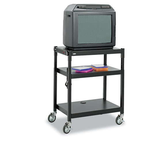 Adjustable-height Steel Av Cart, Metal, 3 Shelves, (5) Ac Outlets, 120 Lb Capacity, 27.25" X 18.25" X 36.5", Black