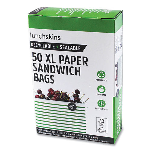 Paper Sandwich Bag, 7.1 X 2 X 9.4, White With Green Stripes, 50/box