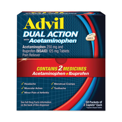 Dual Action With Acetaminophen And Ibuprofen Caplets, 50 Packets Of 2 Caplets