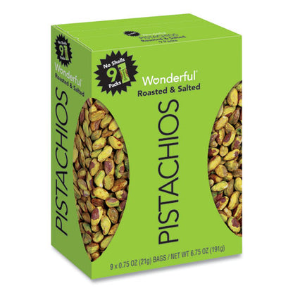 Wonderful No Shells Pistachios, Roasted And Salted, 0.75 Oz Bag, 9 Bags/box, 4 Boxes/carton