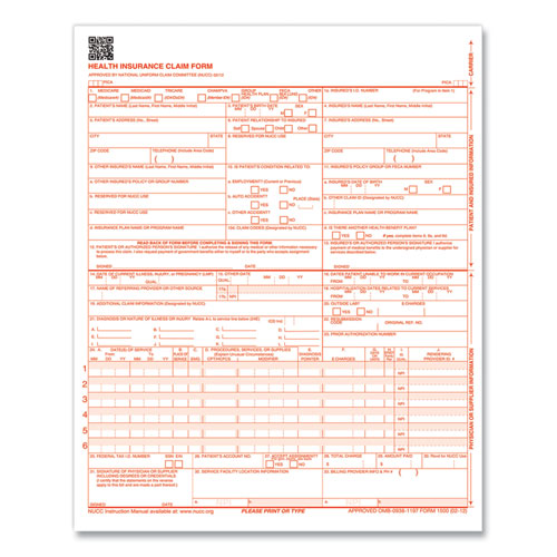 Cms-1500 Health Insurance Claim Form, One-part (no Copies), 8.5 X 11, 1,000 Forms Total