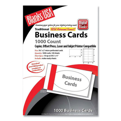 Printable Microperf Business Cards, Copier/inkjet/laser/offset, 2 X 3.5, White, Bristol, 1,000 Cards, 10/sheet, 100 Sheets/pk