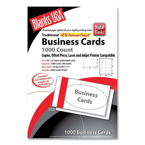 Printable Microperf Business Cards, Copier/inkjet/laser/offset, 2 X 3.5, White, Bristol, 1,000 Cards, 10/sheet, 100 Sheets/pk