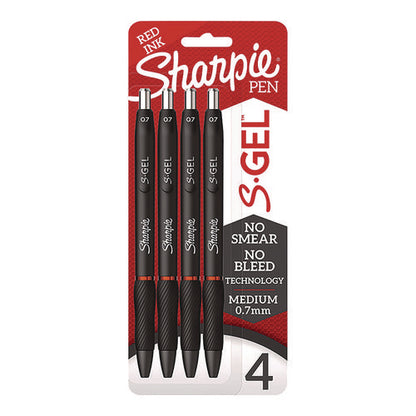 S-gel Gel Pen, Retractable, Medium 0.7 Mm, Red Ink, Black Barrel, 4/pack