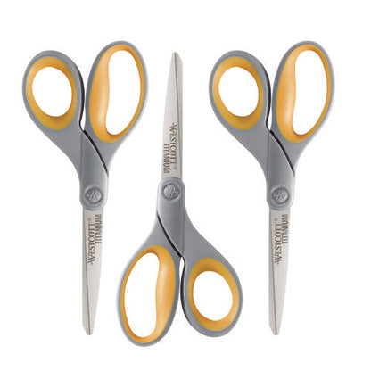 Titanium Bonded Scissors, 8" Long, 3.5" Cut Length, Gray/yellow Straight Handle, 3/pack