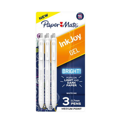 Inkjoy Gel Bright Retractable Pen, Medium 0.7 Mm, White Ink, White Barrel, 3/pack