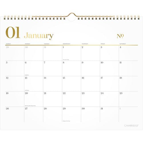 Workstyle Monthly Wall Calendar, 15 X 12, White/gold Sheets, 12-month (jan To Dec): 2025