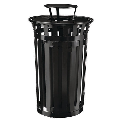 Outdoor Slatted Steel Trash Can, With Access Door And Rain Bonnet Lid, 36 Gal, Black