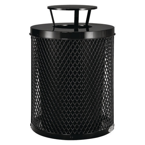 Outdoor Diamond Steel Trash Can, Rain Bonnet Lid, 36 Gal, Black