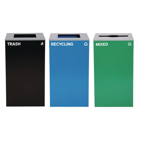 29 Gallon Trash/recycling Cans, Steel, Blue Recycling And Black Trash Cans W/square Lid, Green Mixed Recycling Can Mixed Lid