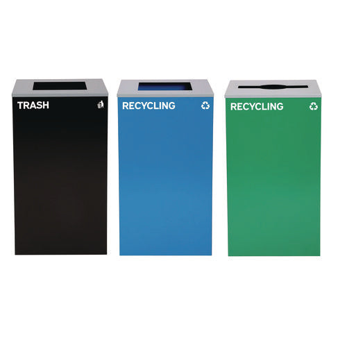 29 Gallon Trash/recycling Cans, Steel, Blue Recycling Can And Black Trash Can W/sq Lid, Green Recycling Can With Mixed Lid