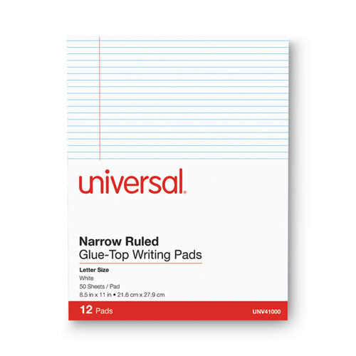 Glue Top Pads, Narrow Rule, 50 White 8.5 X 11 Sheets, Dozen