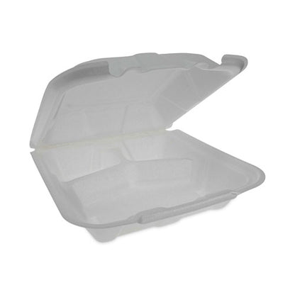 Vented Foam Hinged Lid Container, Dual Tab Lock Economy, 3-compartment, 9.13 X 9 X 3.25, White, 150/carton