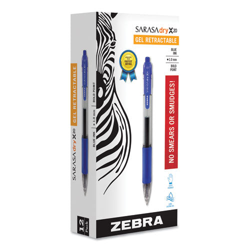 Sarasa Dry Gel X20 Gel Pen, Retractable, Bold 1 Mm, Blue Ink, Clear/blue Barrel, 12/pack