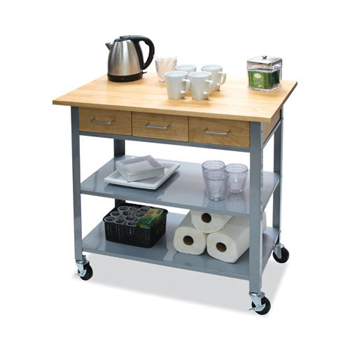 Countertop Serving Cart, Wood, 3 Shelves, 3 Drawers, 35.5" X 19.75" X 34.25", Oak/gray