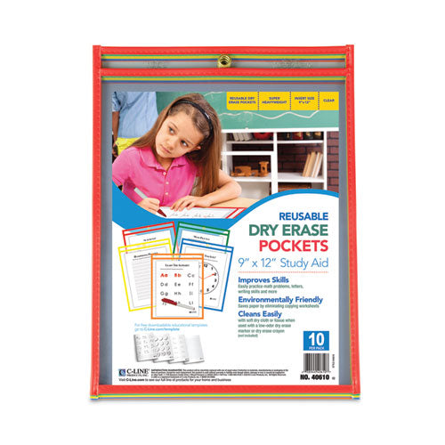 Reusable Dry Erase Pockets, 9 X 12, Assorted Primary Colors, 10/pack