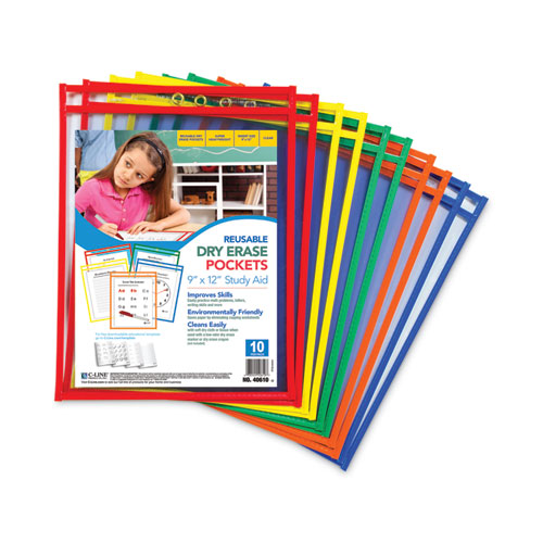 Reusable Dry Erase Pockets, 9 X 12, Assorted Primary Colors, 10/pack