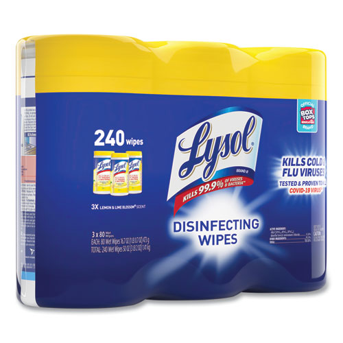 Disinfecting Wipes, 1-ply, 7 X 7.25, Lemon And Lime Blossom, White, 80 Wipes/canister, 3 Canisters/pack, 2 Packs/carton