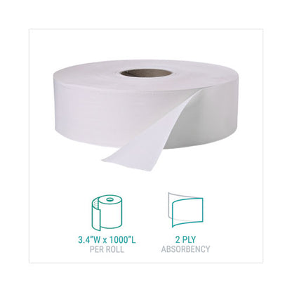 Jumbo Roll Bath Tissue, Septic Safe, 2 Ply, White, 3.4" X 1,000 Ft, 12 Rolls/carton