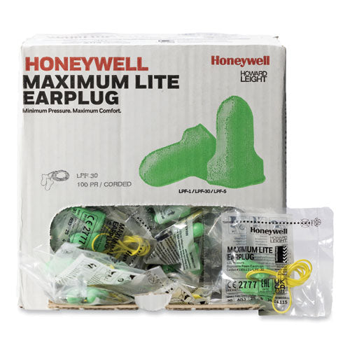 Maximum Lite Single-use Earplugs, Corded, 30nrr, Green, 100 Pairs