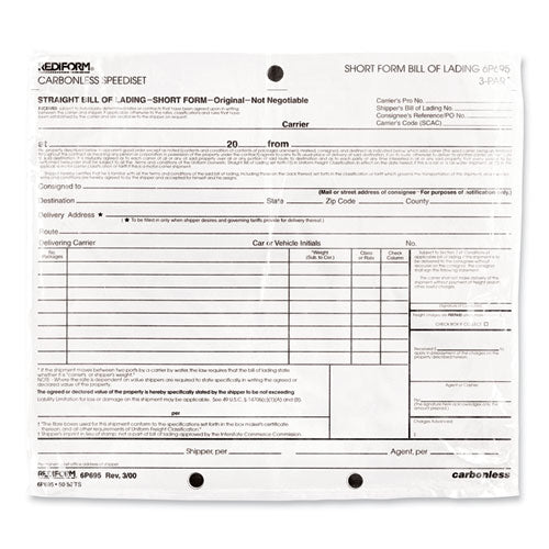 Speediset Bill Of Lading, Short Form, Three-part Carbonless, 7 X 8.5, 50 Forms Total