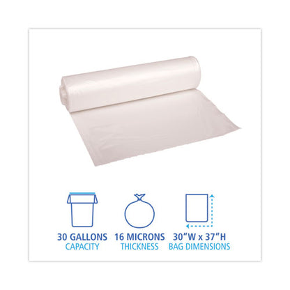 High Density Industrial Can Liners Coreless Rolls, 30 Gal, 16 Mic, 30 X 37, Natural, 25 Bags/roll, 20 Rolls/carton