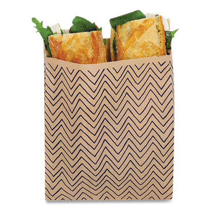 Xl Sandwich Bag With Resealable Stickers, 7.1 X 2 X 9.1, Kraft With Black Chevron Pattern, 50/box