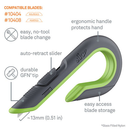 Box Cutters, Double Sided, Replaceable, 1.29" Stainless Steel Blade, 7" Nylon Handle, Gray/green