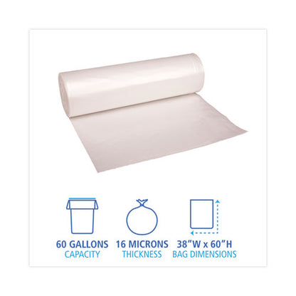 High Density Industrial Can Liners Coreless Rolls, 60 Gal, 16 Mic, 38 X 60, Natural, 25 Bags/roll, 8 Rolls/carton