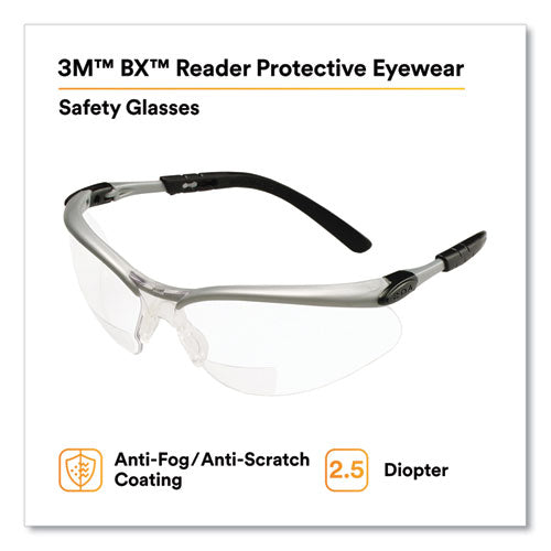 Bx Molded-in Diopter Safety Glasses, 2.5+ Diopter Strength, Silver/black Frame, Clear Lens