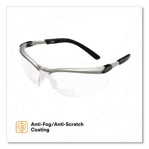 Bx Molded-in Diopter Safety Glasses, 2.5+ Diopter Strength, Silver/black Frame, Clear Lens