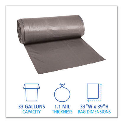 Low-density Waste Can Liners, 33 Gal, 1.1 Mil, 33" X 39", Gray, 25 Bags/roll, 4 Rolls/carton