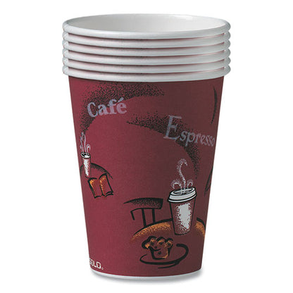 Paper Hot Drink Cups In Bistro Design, 12 Oz, Maroon, 300/carton